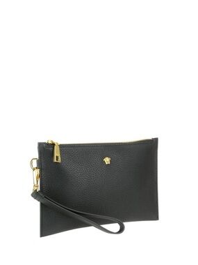 Versace Black Pebbled Leather Wristlet Clutch with Gold Medusa